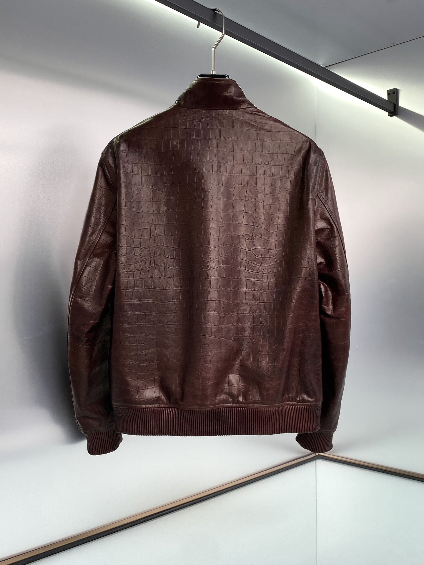 Stand collar leather jacket