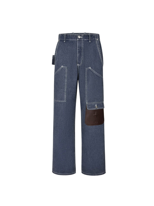 Multi-pocket patched leather jeans